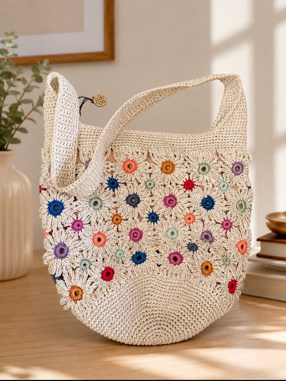 The Sak Crochet Floral Shoulder Bag in Cream with Multicolor Flowers - Picture 1 of 6